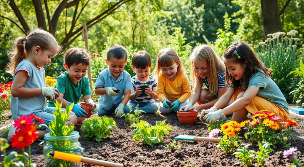 Crianças em uma horta escolar