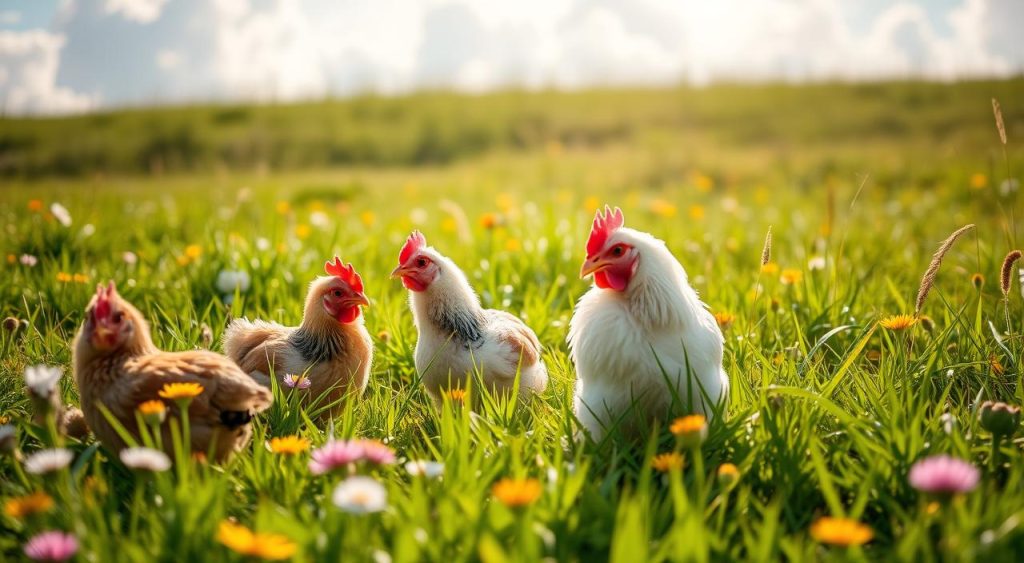 Galinhas anãs em pasto