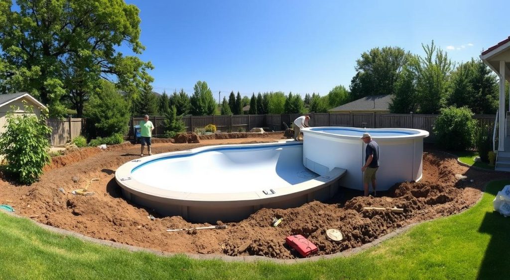 Instalação de piscina de fibra