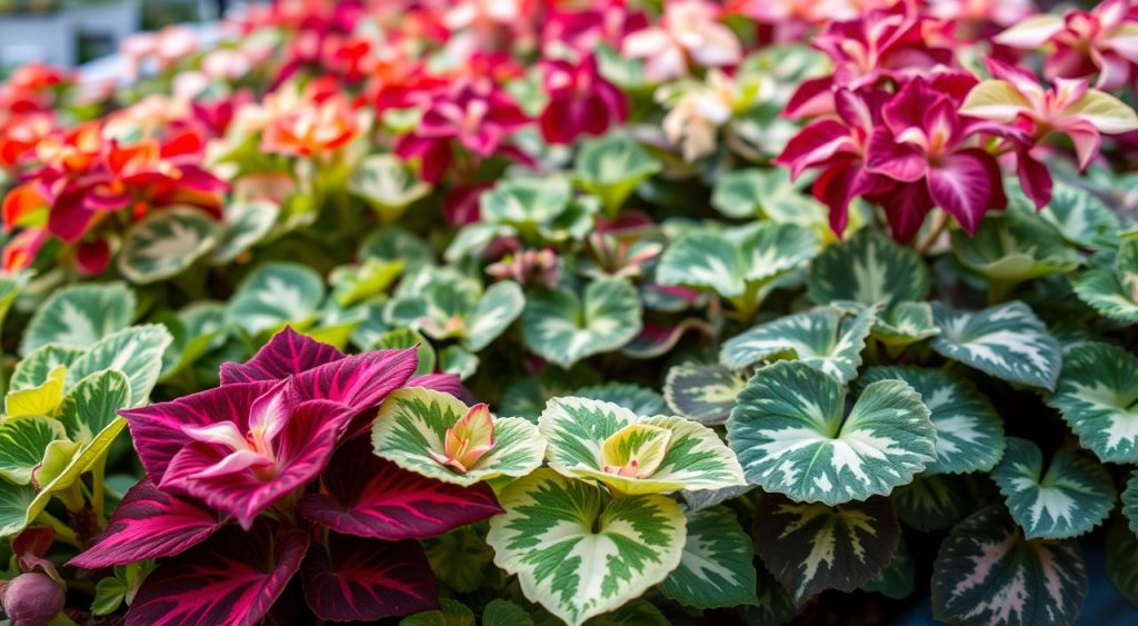variedades de begônia em diferentes cores e formatos